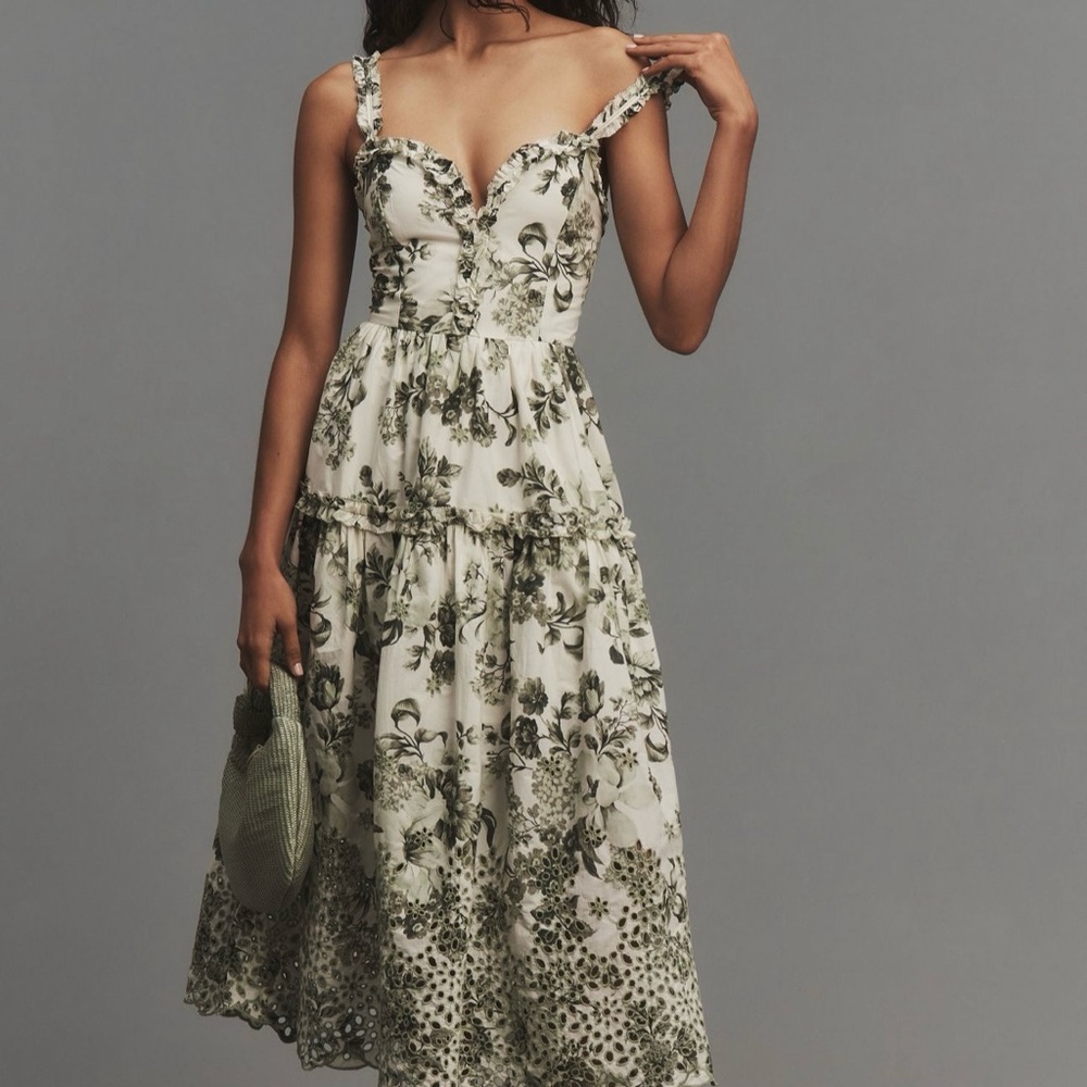 Anthropologie Green Floral Midi Dress